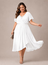 Navy Blue A-Line V-Neck Tea-Length Mother of the Bride Dress