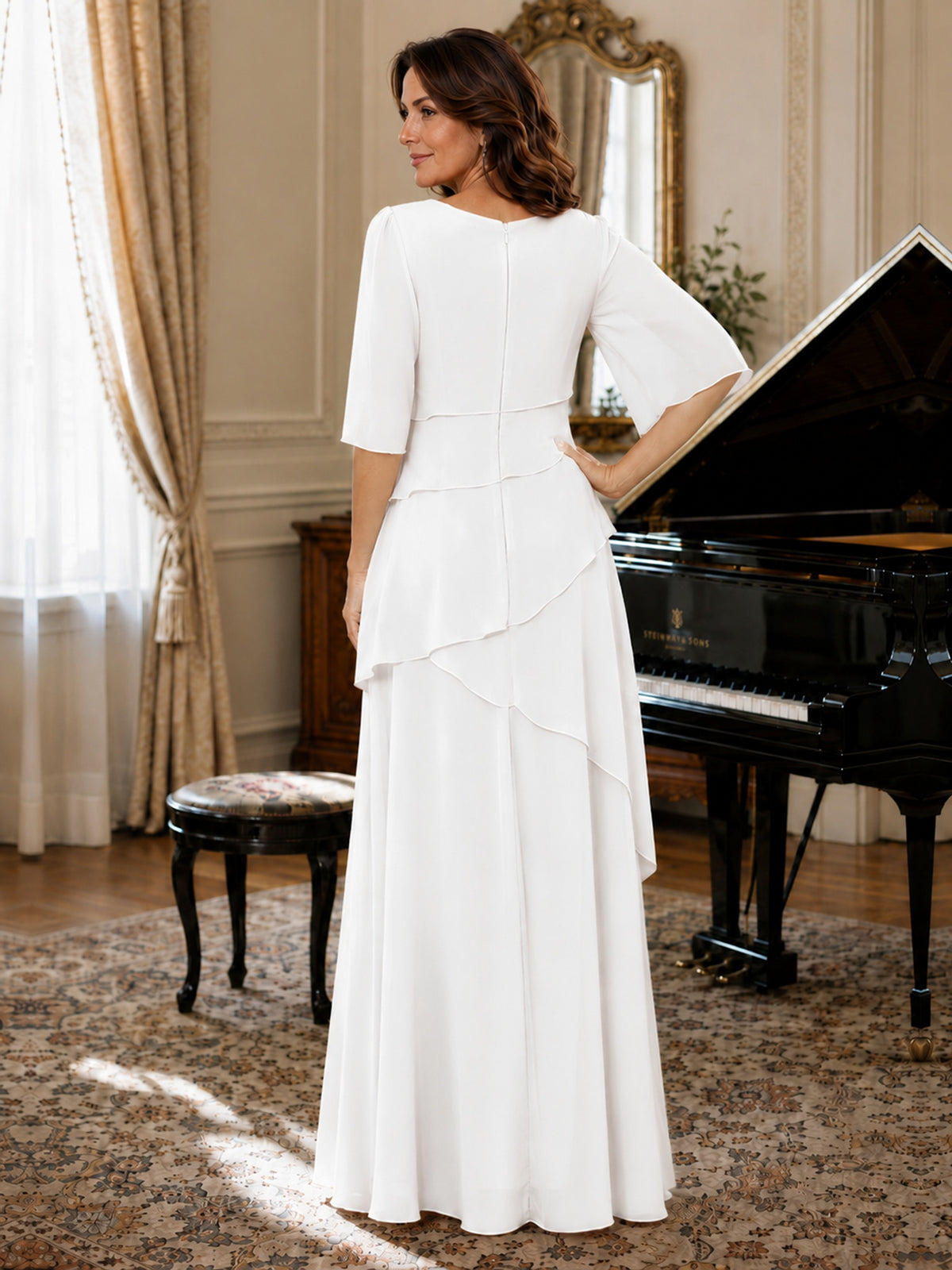 Asymmetric Draped Chiffon Mother of the Bride Dress with Flutter Sleeves