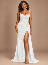Burgundy Sequin Corset Prom Dress with High Slit