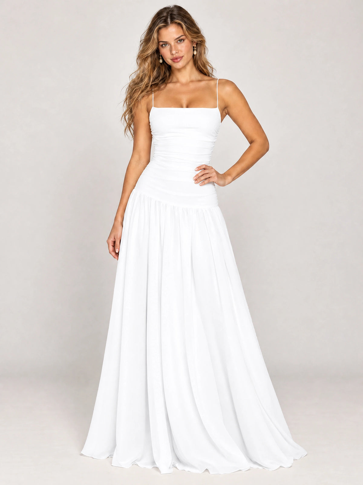 Butter Yellow Ruched Spaghetti Strap Drop-Waist Prom Dress
