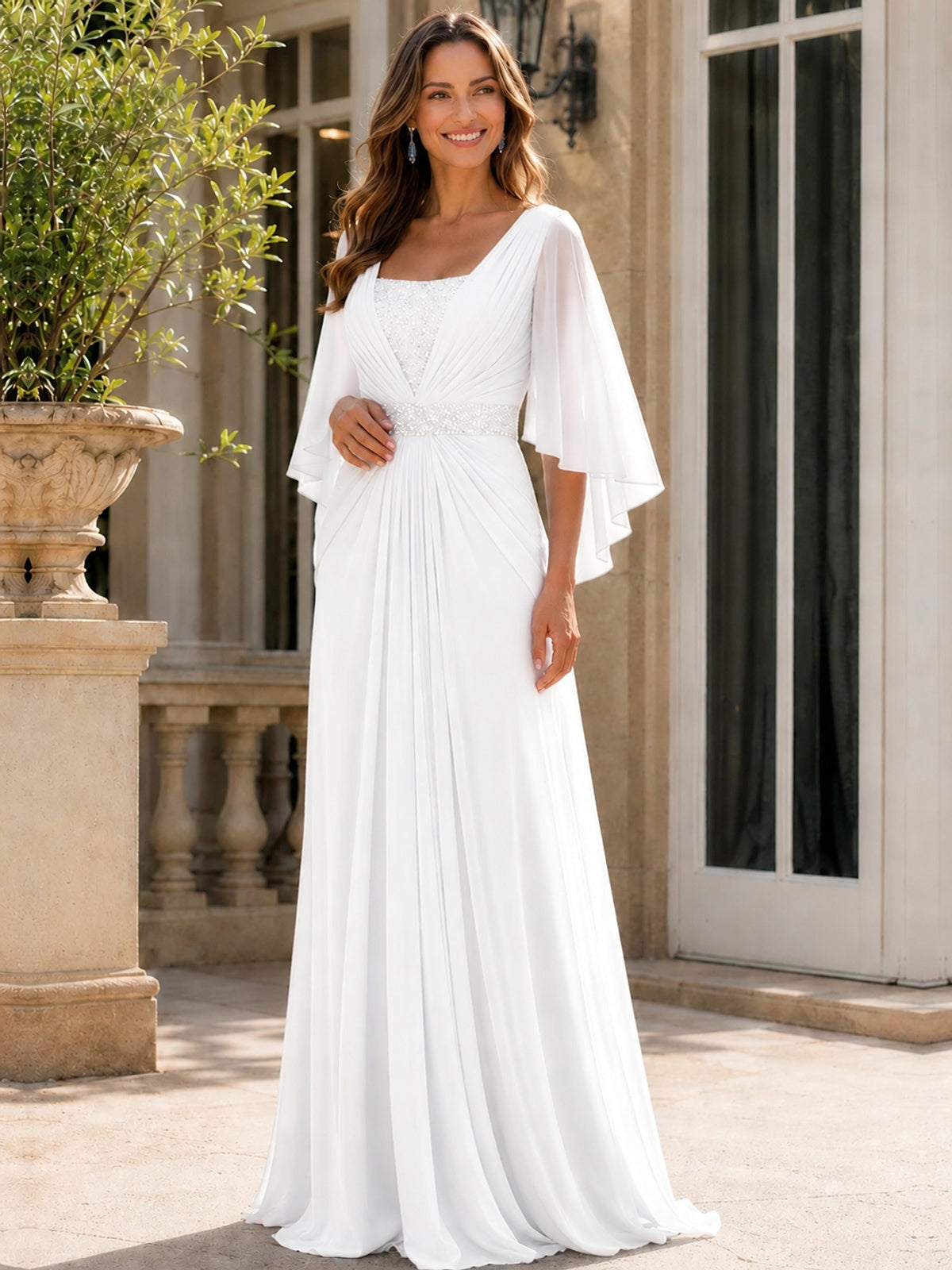Elegant V-Neck Sequined Chiffon Mother of the Bride Dress with Flutter Sleeves
