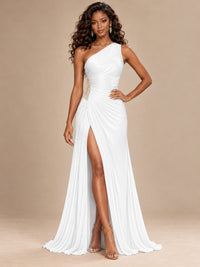 Burgundy One Shoulder Ruched Prom Dress with High Slit & Beaded Waist