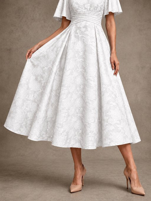 V-Neck Floral Jacquard Tea-Length Mother of the Bride Dress