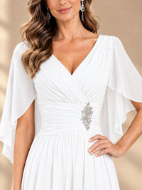 Ruched V Neck Mother of The Bride Dresses with Shawls Appliques and Cap Sleeves
