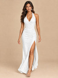 Halter V-Neck Sequin Mermaid Prom Dress with High Slit