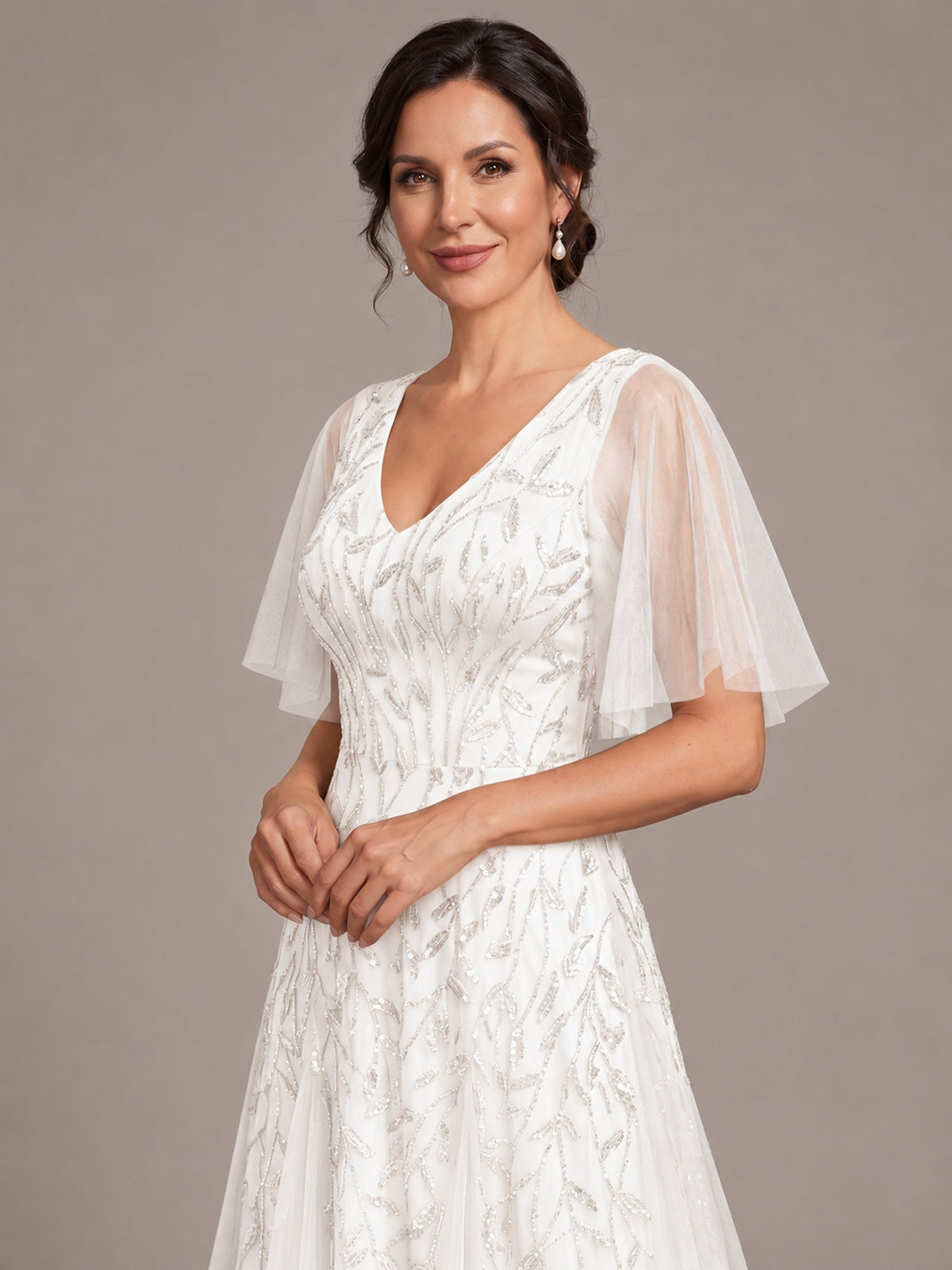 V-Neck Sequin Tulle Mother of the Bride Dress with Flutter Sleeve