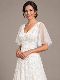 V-Neck Sequin Tulle Mother of the Bride Dress with Flutter Sleeve