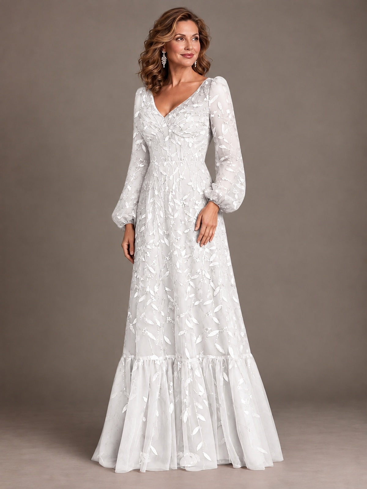 Floral Sequin Embroidered A-Line Mother of the Bride Dress with Long Sleeves