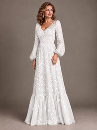 Floral Sequin Embroidered A-Line Mother of the Bride Dress with Long Sleeves