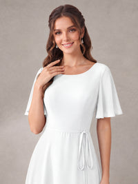 Scoop Neck A-line Chiffon Bridesmaid Dress with Flutter Sleeve & Belt