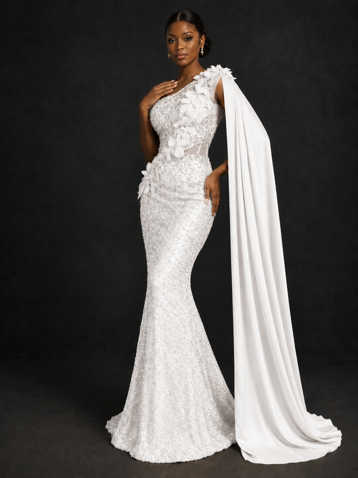 Gold Sequin One Shoulder Mermaid Prom Dress with Cape