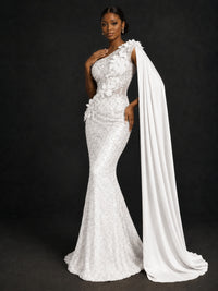 Gold Sequin One Shoulder Mermaid Prom Dress with Cape