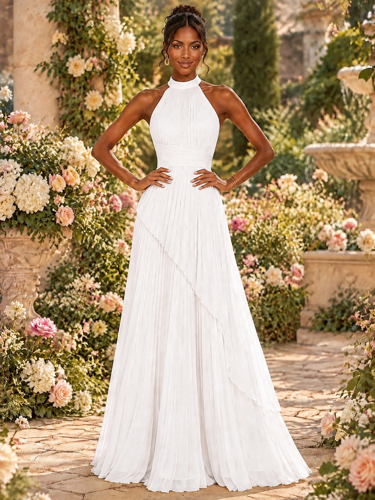 Wrap Pleated Prom Dress Halter A-line Chiffon Formal Wedding Dress