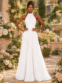 Wrap Pleated Prom Dress Halter A-line Chiffon Formal Wedding Dress