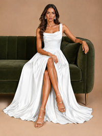 Cowl Neck Pleated Satin Prom Dress with Pockets & Slit Maxi Formal Gowns