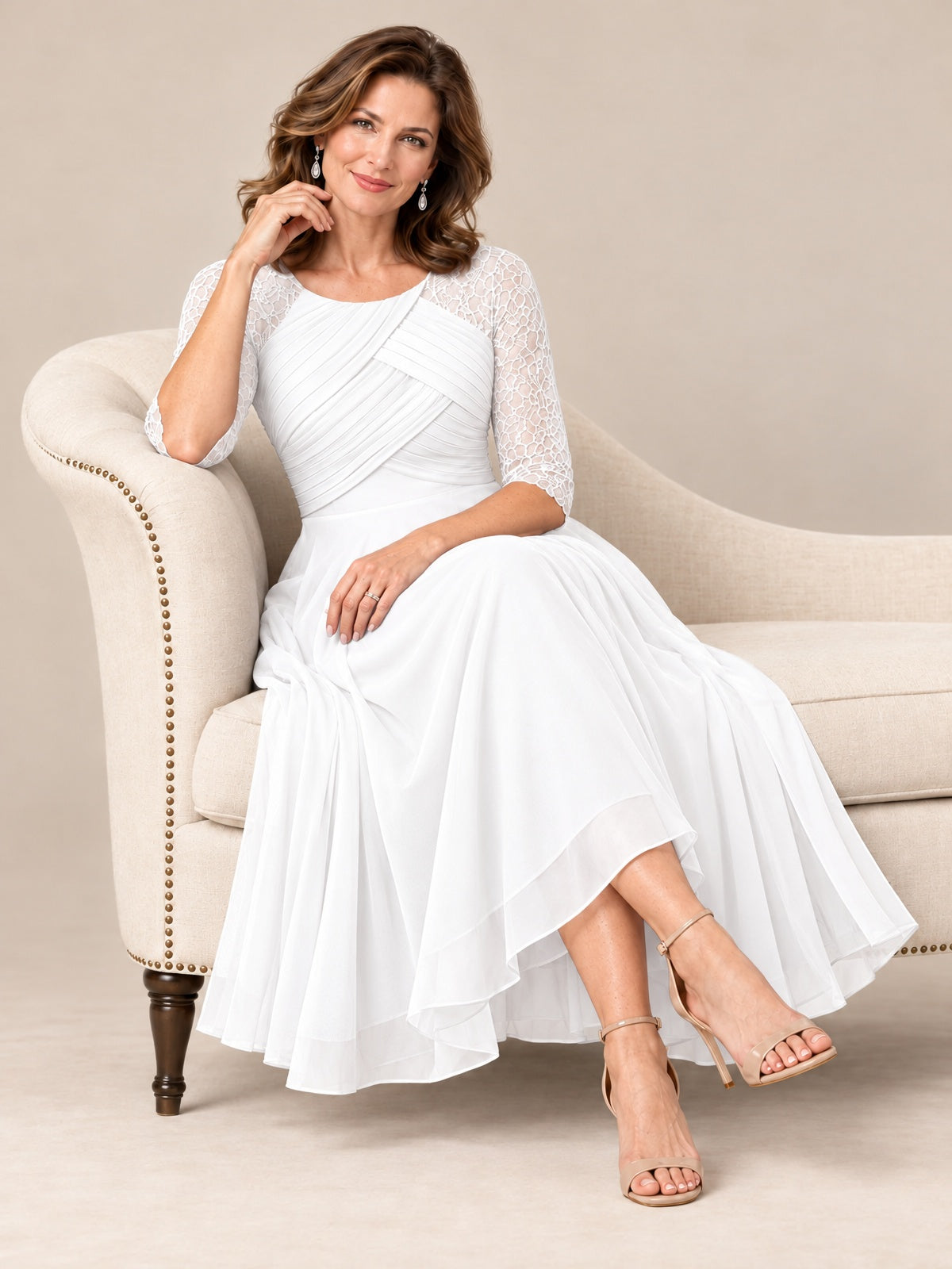 Tea-Length Mother of the Bride Dress with Lace 3/4 Sleeves