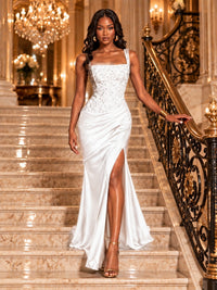 Scoop Neck Sequin Prom Dress with High Slit Satin Formal Gowns