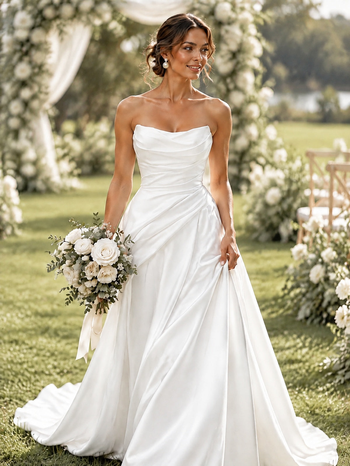 Split Pleated Satin Wedding Dress Strapless Bridal Wedding Gowns with Lace-Up Back