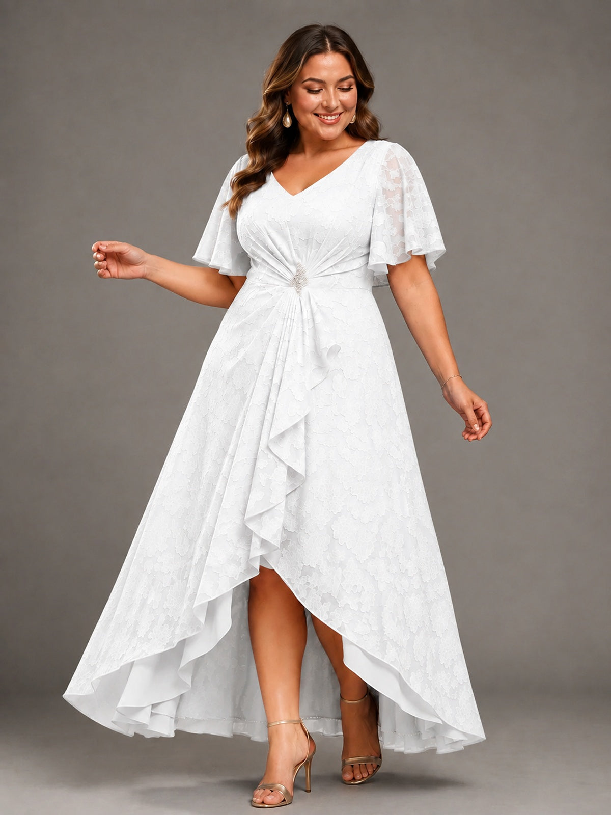 Jacquard Chiffon A-Line V-Neck High-Low Mother of the Bride Dress