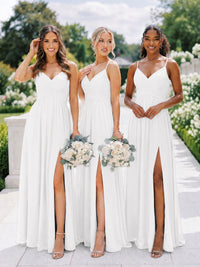 V-Neck Pleated Chiffon Long Bridesmaid Dress with Slit