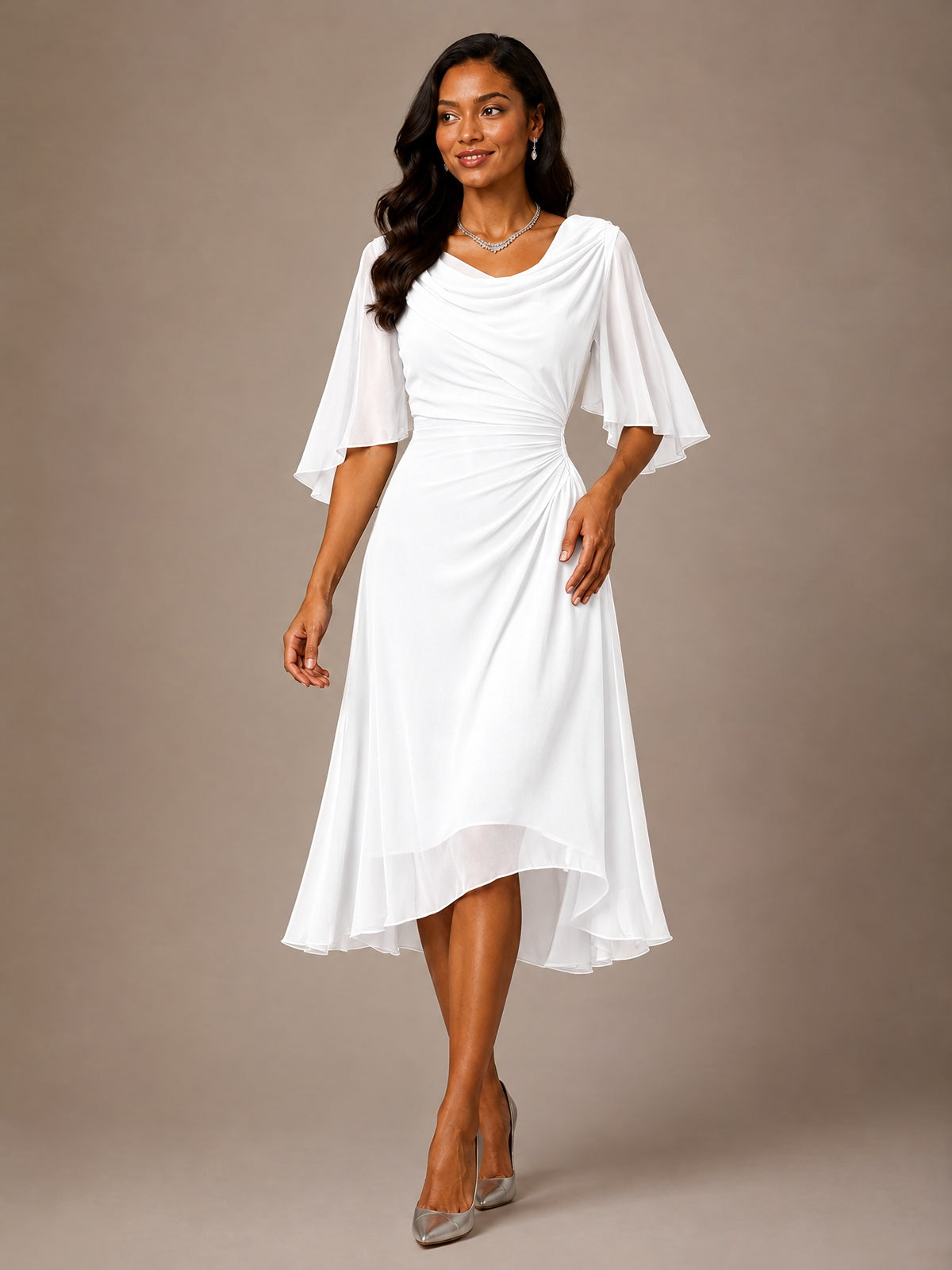 Cowl Neck Ruched Chiffon Mother of the Bride Dresses with Flutter Sleeves