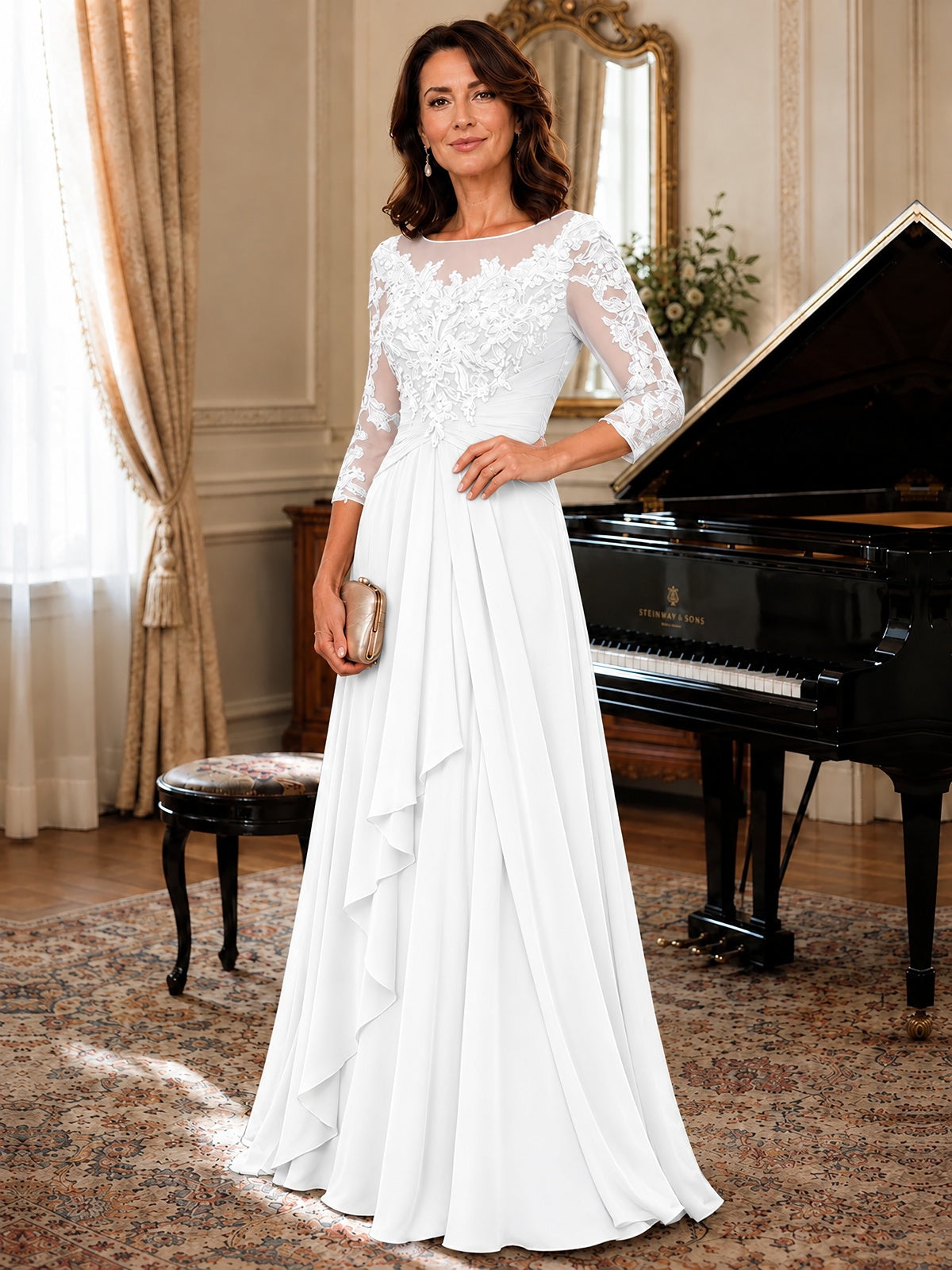 A-Line Chiffon Mother of the Bride Dress with Floral Applique 3/4 Sleeves
