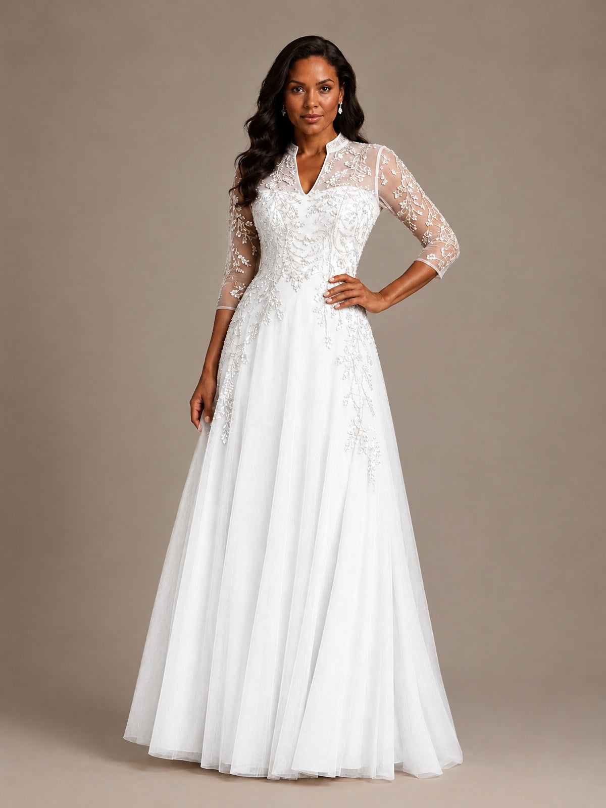 Embellished Appliques Mother of the Bride Dress with 3/4 Sleeves