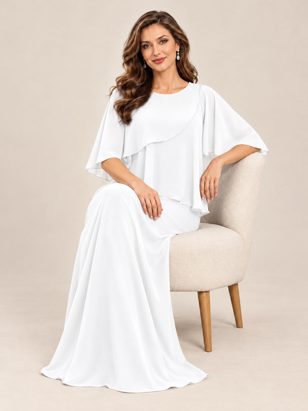 Cape Sleeve Mother of the Bride Dress with Asymmetrical Overlay