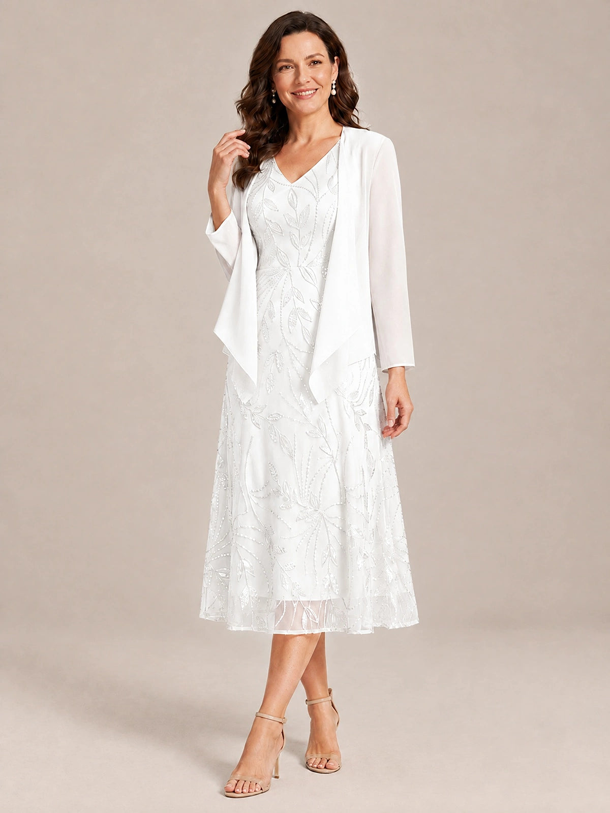 Tea Length Sequin Lace Mother of the Bride Dress with Chiffon Jacket