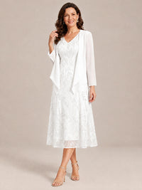 Tea Length Sequin Lace Mother of the Bride Dress with Chiffon Jacket