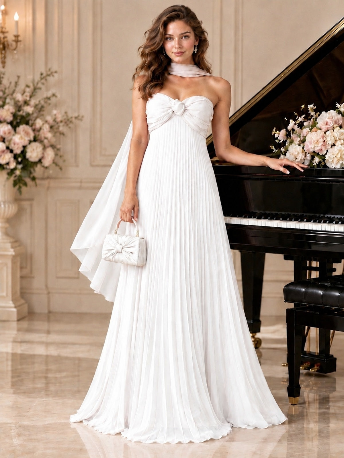 Sweetheart Neckline Pleated Prom Dress Strapless A-line Formal Dress with Flowy Scarf