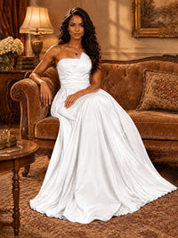 Draped Satin Prom Dress Strapless A-line Formal Dress Floor Length