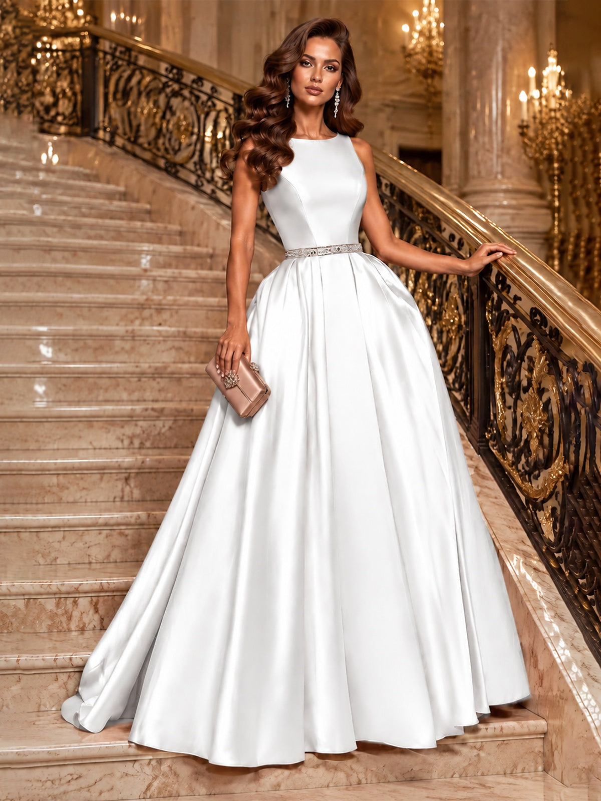 Satin A-Line Prom Dress Sleeveless Beaded Waist Formal Gown with Pockets