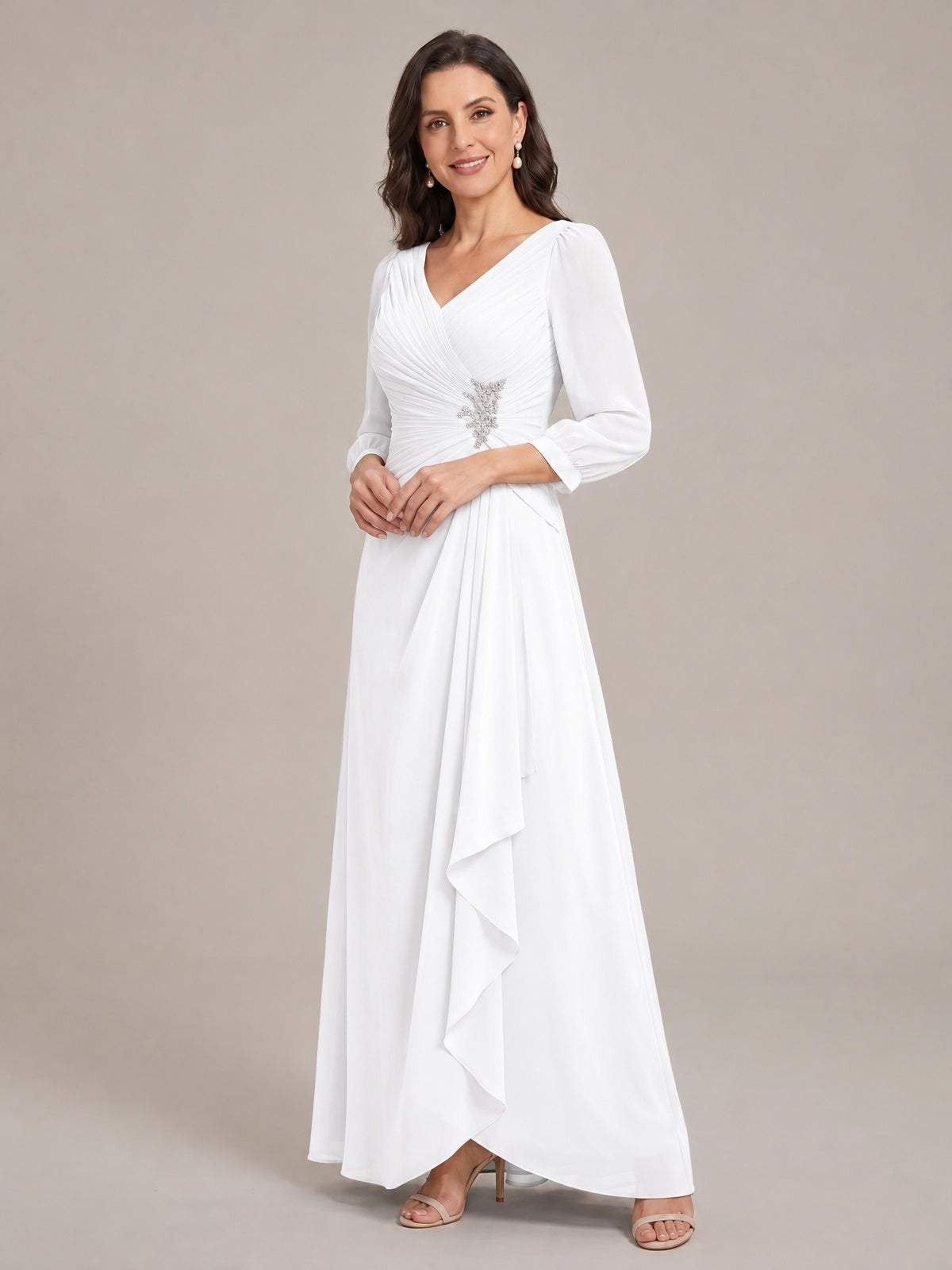 V-Neck Pleated Chiffon Mother of the Bride Dress with Flutter Sleeves
