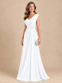 V Neck Pleated Mother of The Bride Dresses with Beading Cap Sleeves