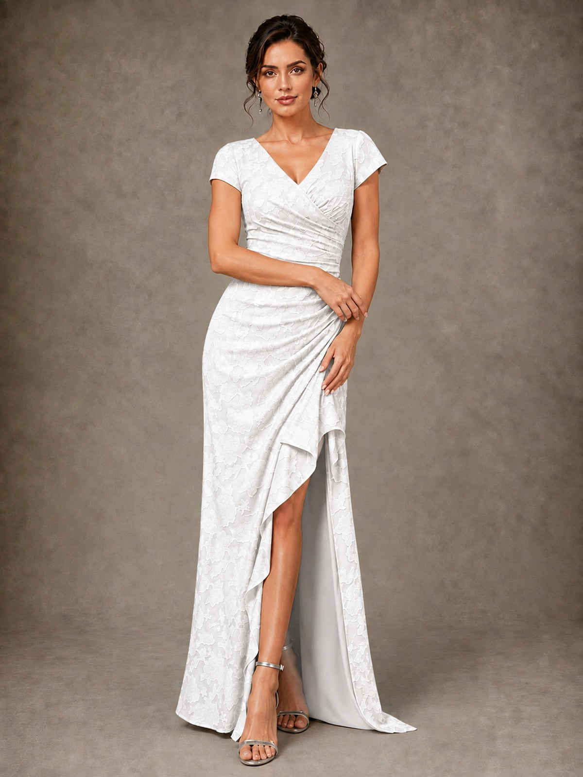 V-Neck Floral Jacquard Mother of the Bride Dress with Slit