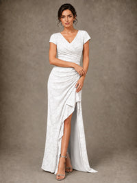 V-Neck Floral Jacquard Mother of the Bride Dress with Slit