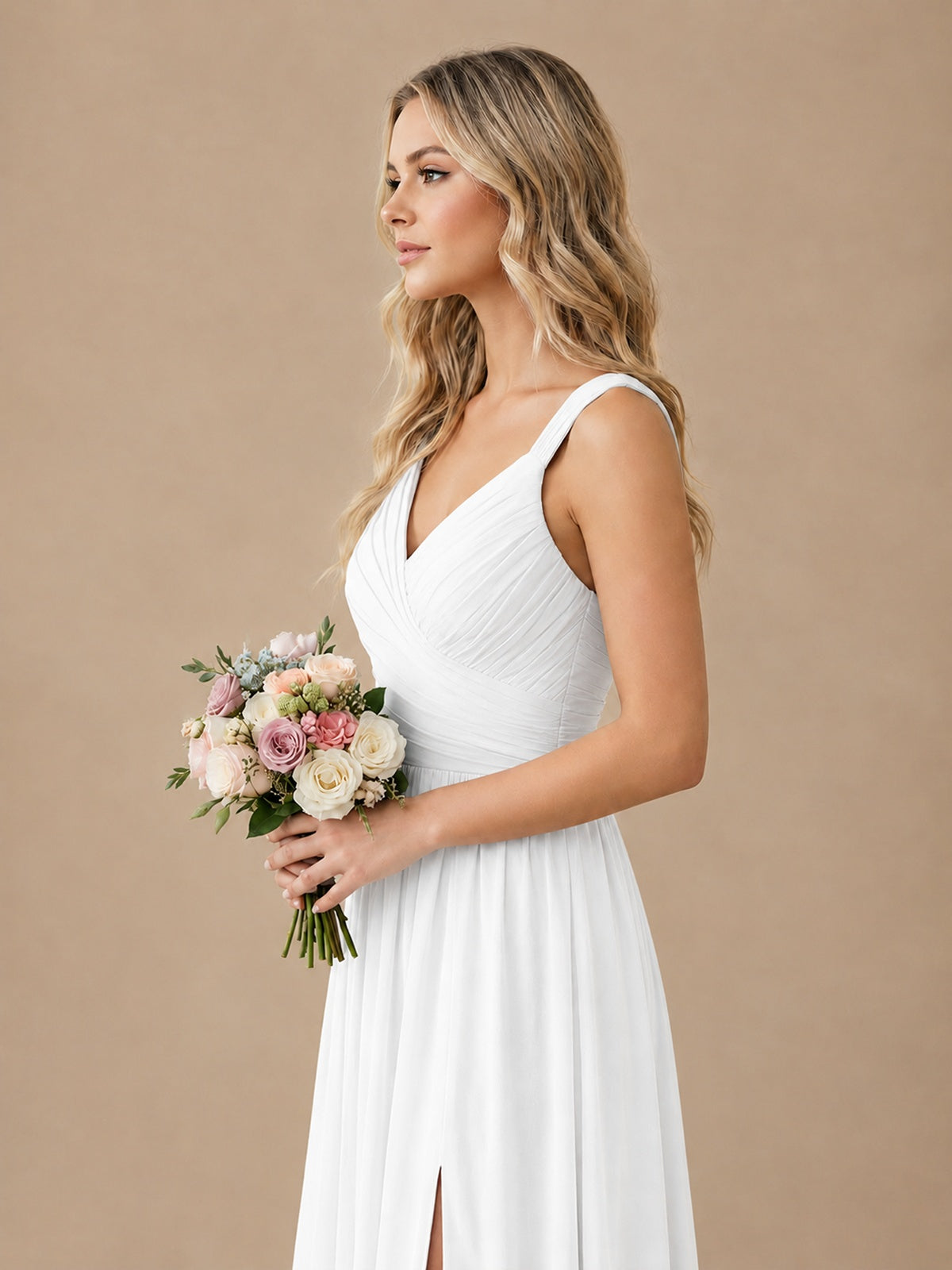 Pleated Chiffon V Neck Wedding Bridesmaid Dresses Floor Length with Slit