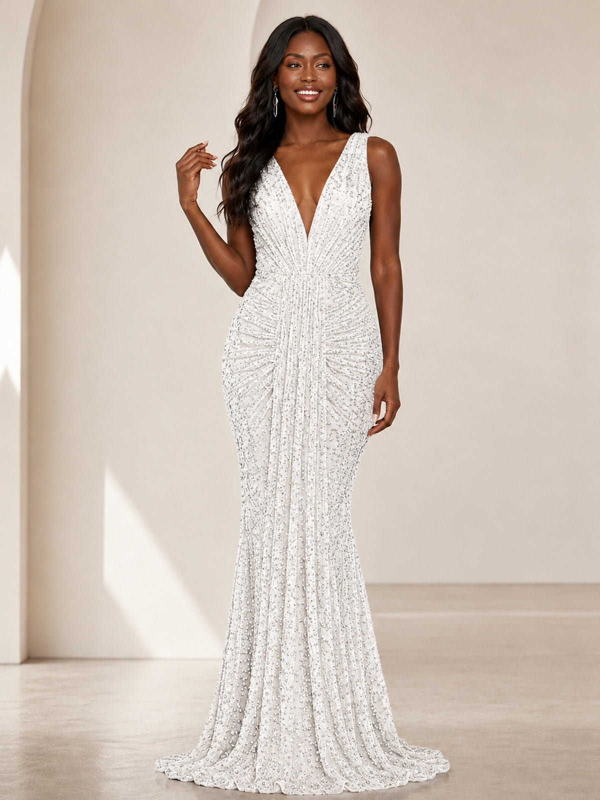 Sequin Mermaid Prom Dress with V-Neck and Ruched Waist