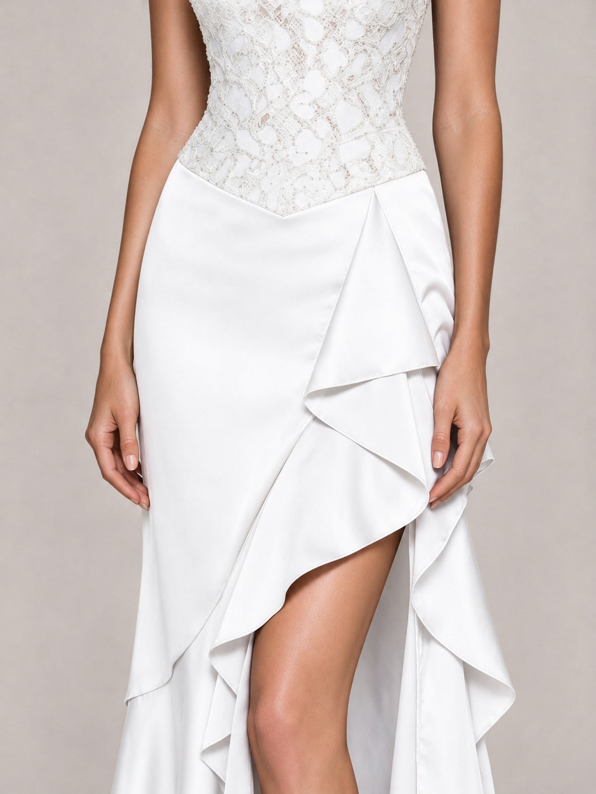 Strapless Lace Appliques Corset Satin Prom Dress Ruffle Slit Evening Gown