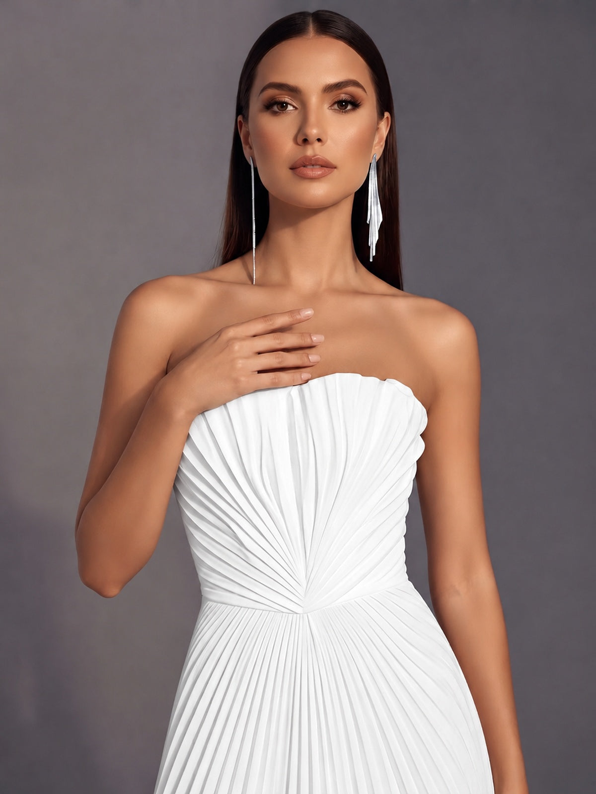 Strapless A-line Long Pleated Satin Prom Dress