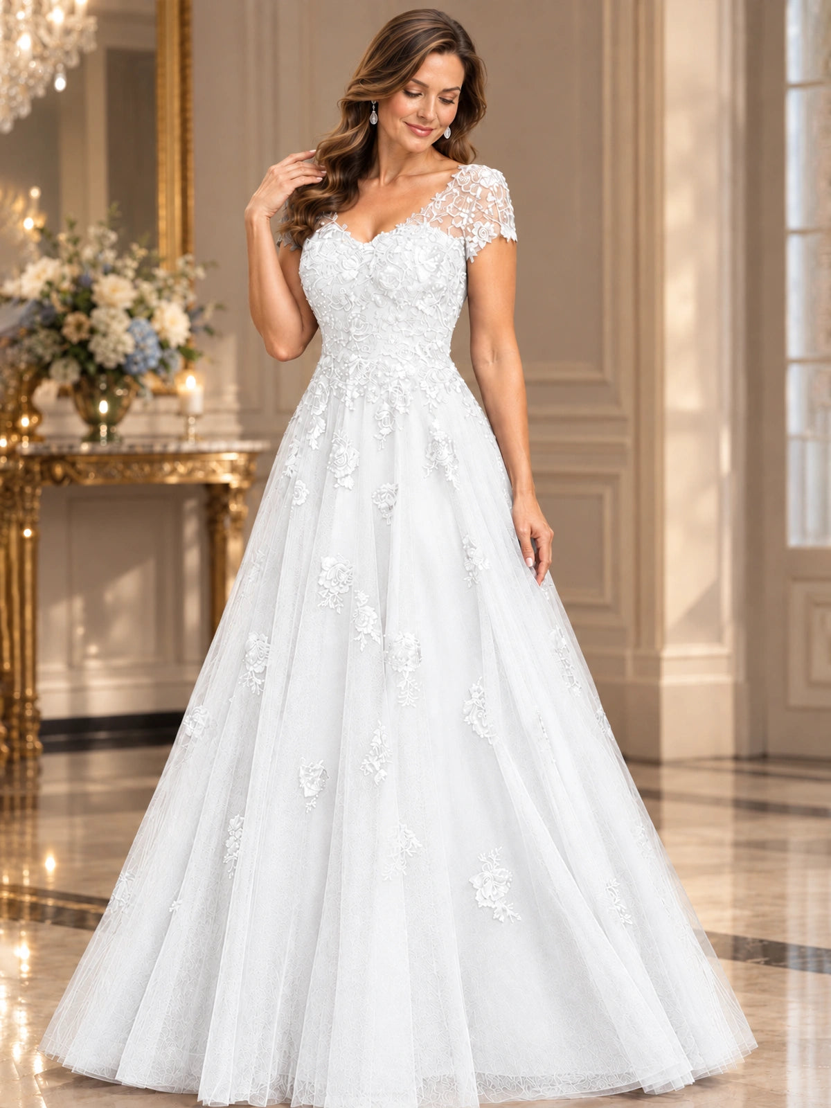 Lace Appliques A-line Mother of The Bride Dresses with Short Sleeves