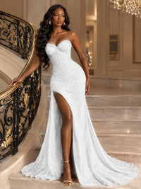 Beaded Sequin Prom Dress Strapless Formal Gowns with High Slit Train