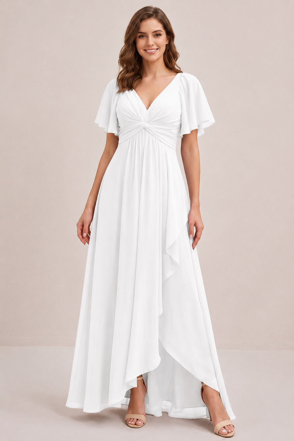 Dusty Blue Chiffon Bridesmaid Dress with Flutter Sleeves & High-Low Hem