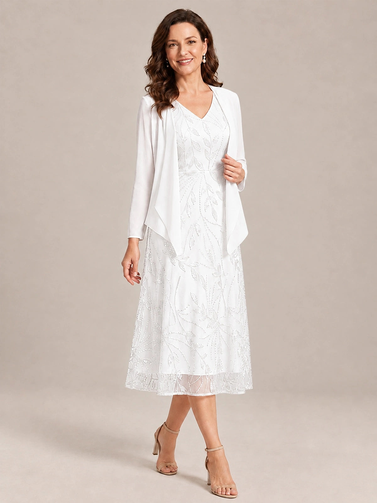 Tea Length Sequin Lace Mother of the Bride Dress with Chiffon Jacket