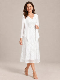Tea Length Sequin Lace Mother of the Bride Dress with Chiffon Jacket