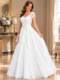 Lace Appliques A-line Mother of The Bride Dresses with Short Sleeves