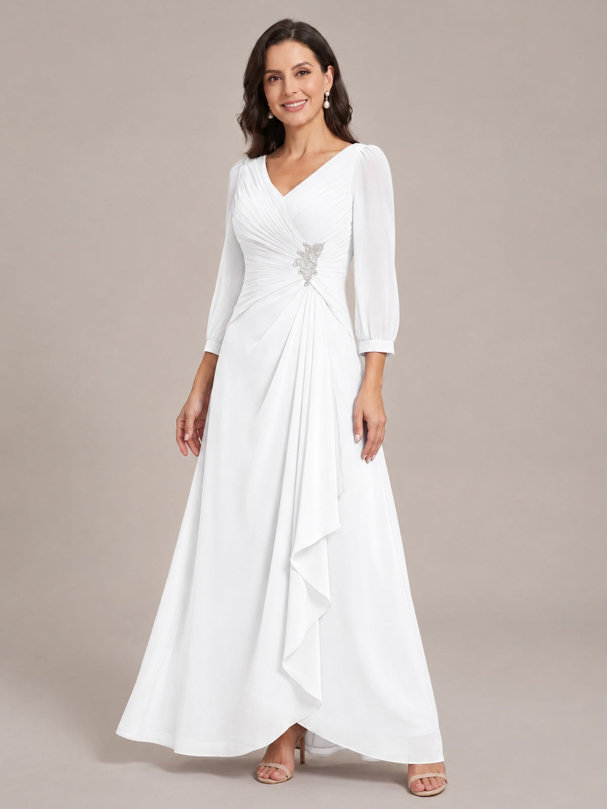 V-Neck Pleated Chiffon Mother of the Bride Dress with Flutter Sleeves