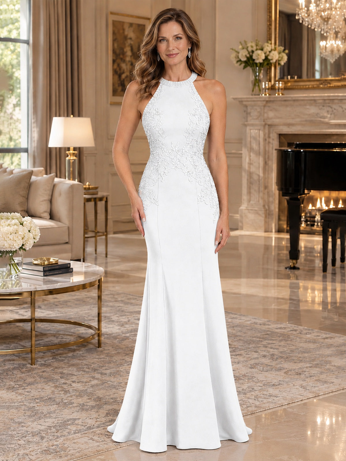 Halter Neckline Lace Appliques Mother of The Bride Dresses