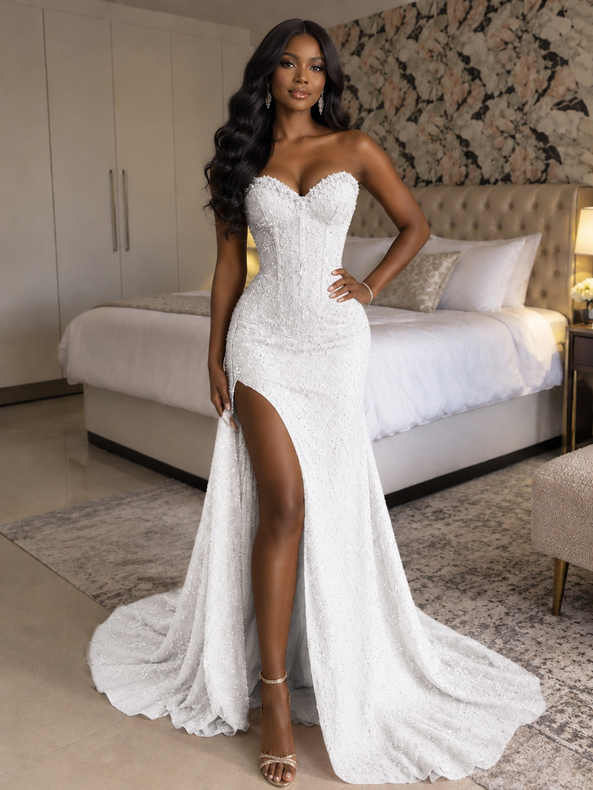 Beaded Sequin Prom Dress Strapless Formal Gowns with High Slit Train